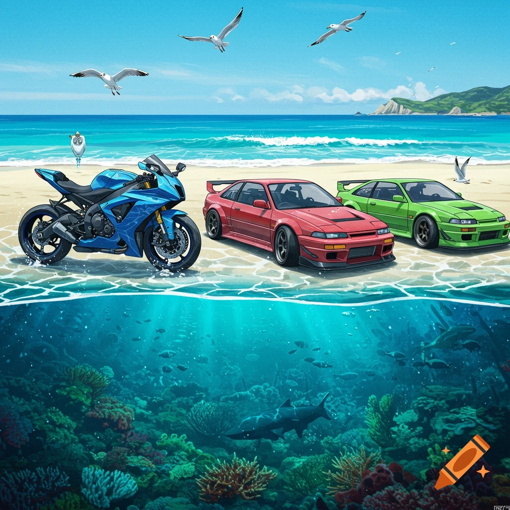 An illustration split-view of a blue motorcycle and two JDM cars (red and green) on a sunny beach, with a vibrant coral reef, fish, and a shark underwater.