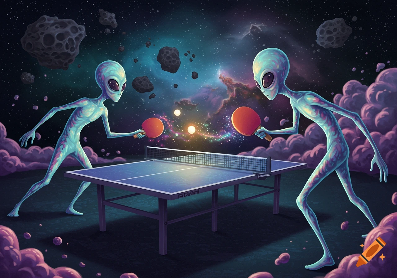 Two light blue aliens play ping pong in a colorful space scene with asteroids and nebulae.
