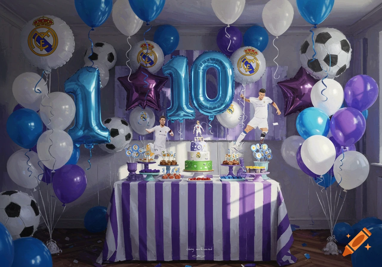 A colorful birthday party scene featuring blue, white, and purple balloons, some with Real Madrid logos and soccer ball patterns, along with large blue foil "10" balloons. A table with a striped purple and white tablecloth holds a cake, cupcakes, and other desserts. Cardboard cutouts of a soccer player are visible among the decorations.