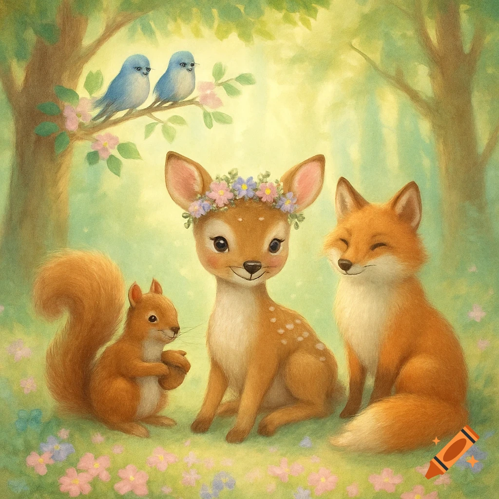 Cute illustration of a fawn with a flower crown, a fox, a squirrel, and two blue birds in a pastel woodland scene with flowers.