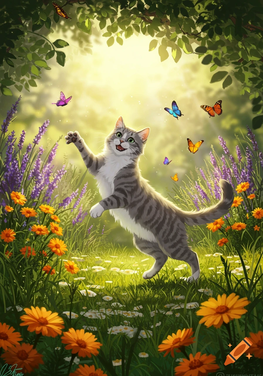 An adorable gray tabby cat pounces at colorful butterflies in a vibrant field of purple and orange flowers, in an illustration style.