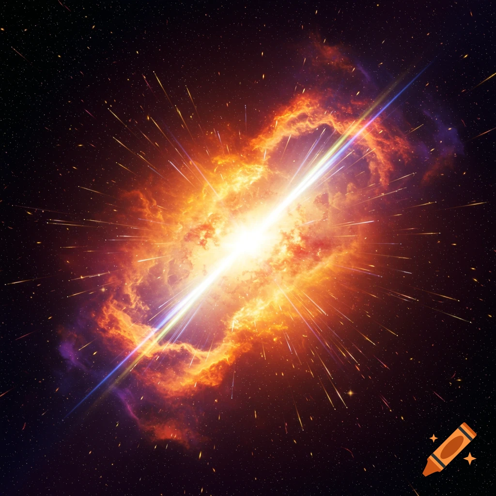 A brilliant, fiery cosmic explosion with a central beam of light and radiating energy within a nebula.