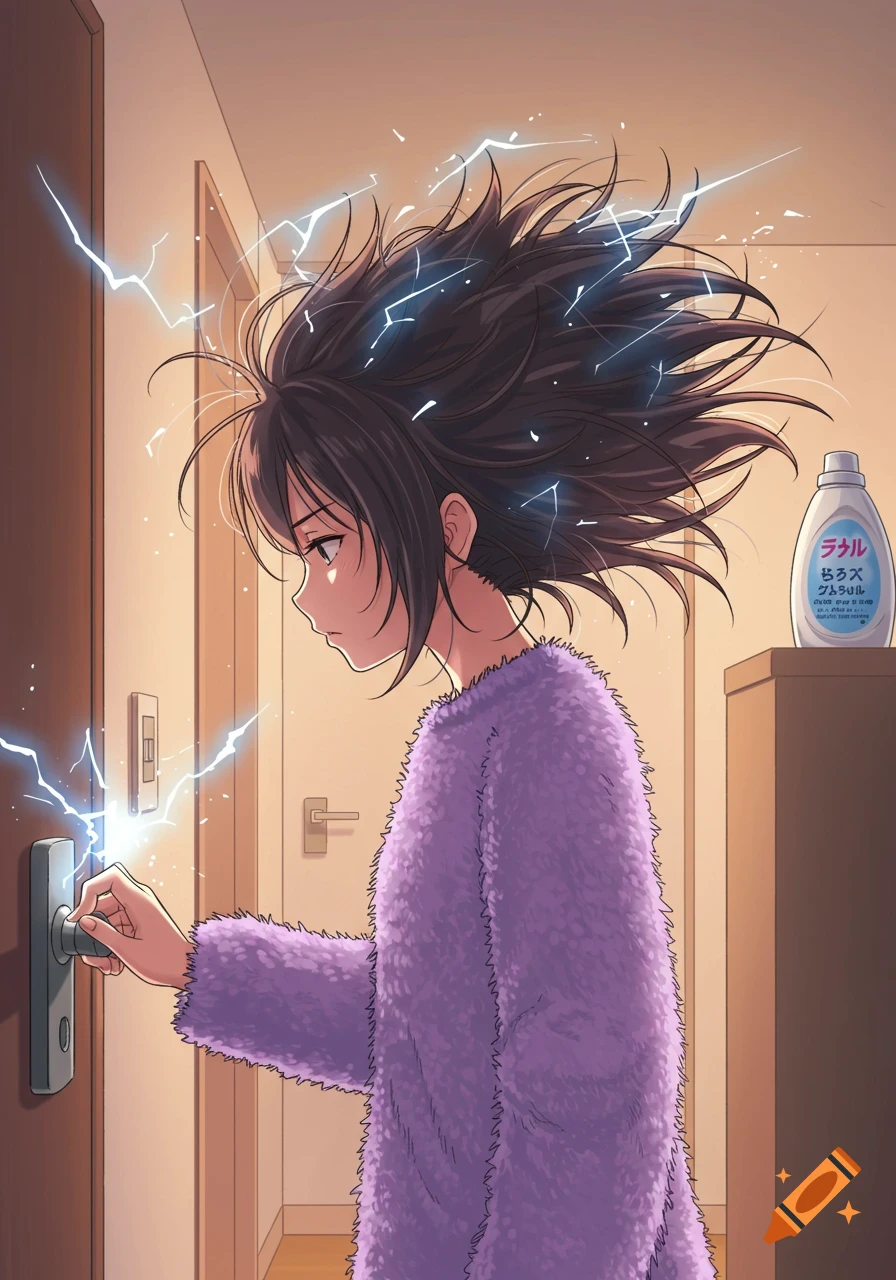 Anime girl in a fluffy purple sweater with static electricity making her hair stand up as she touches a doorknob.