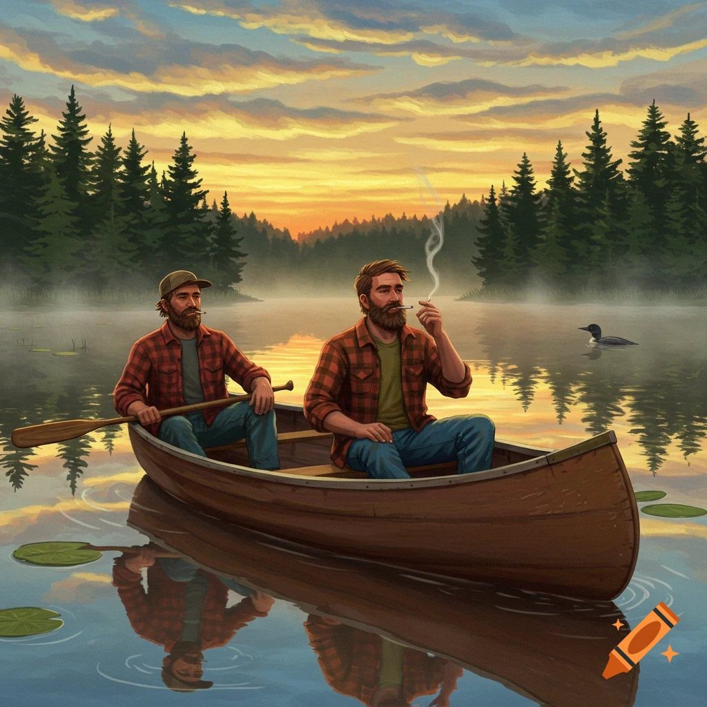 Two bearded men in plaid shirts paddle a canoe on a misty lake at sunset, smoking. Forest in background. Illustration.