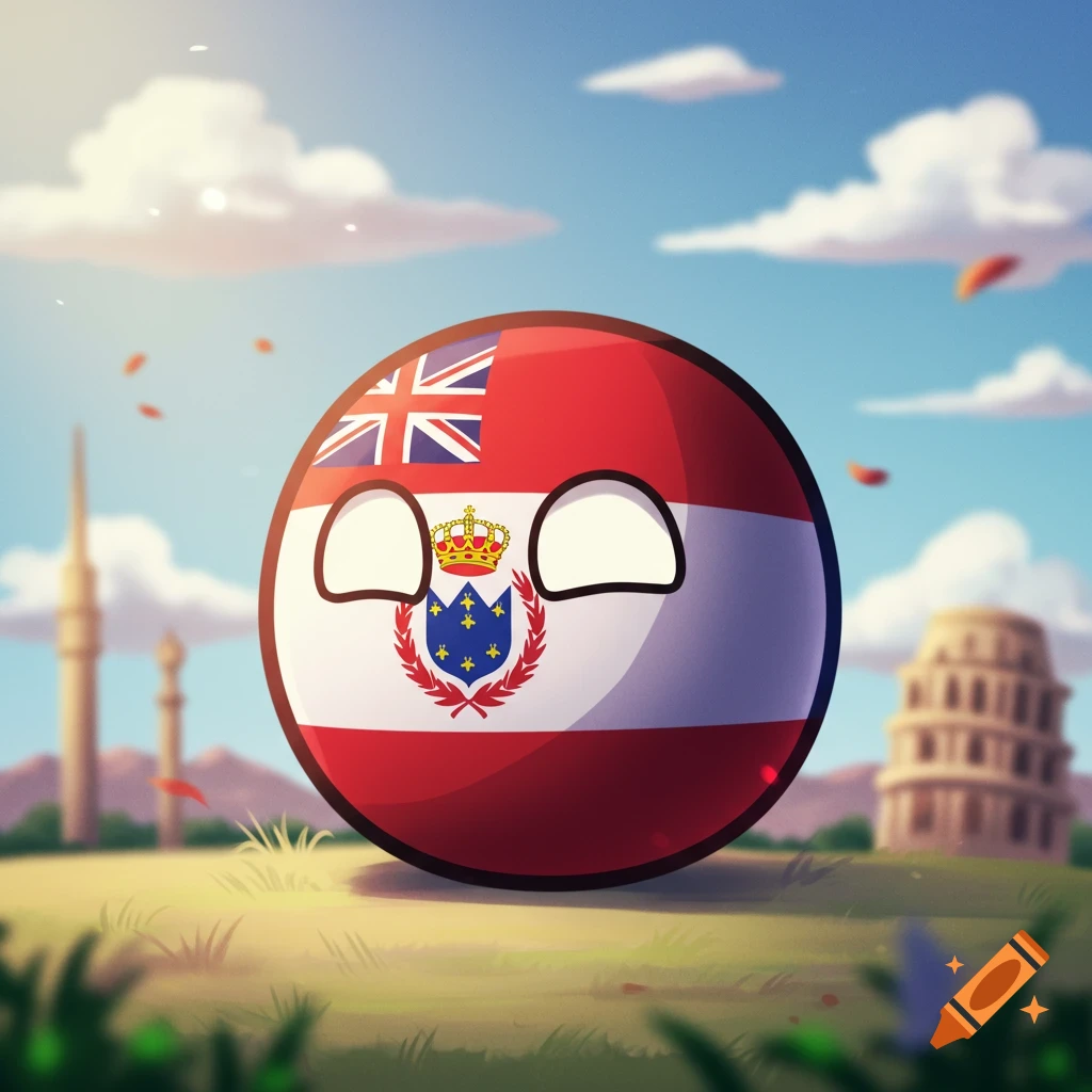A cartoon Cayman Islands countryball stands in a grassy field with ancient structures in the background under a blue sky.