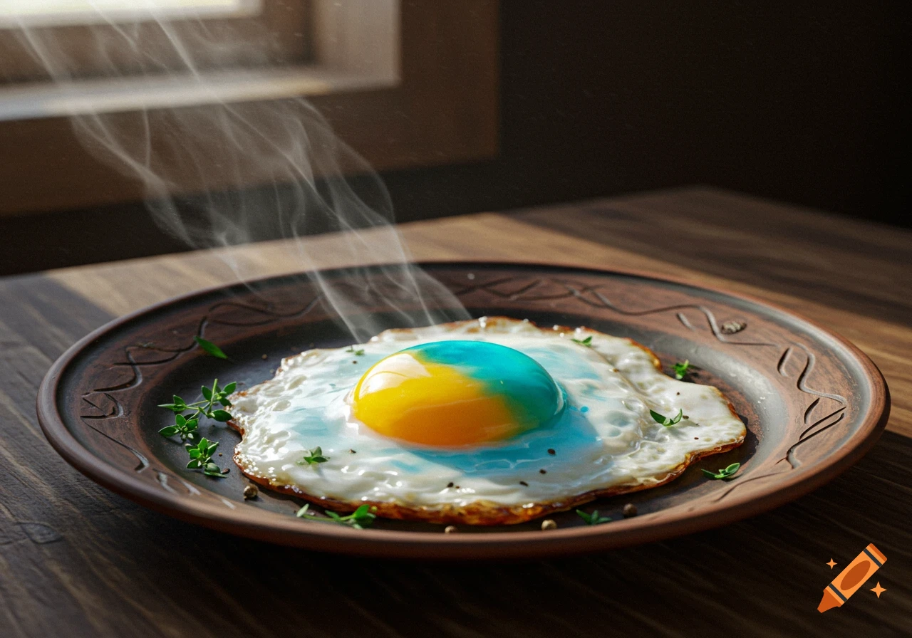 A photorealistic fried egg with a half blue, half yellow yolk on a rustic brown plate, steaming on a wooden table.