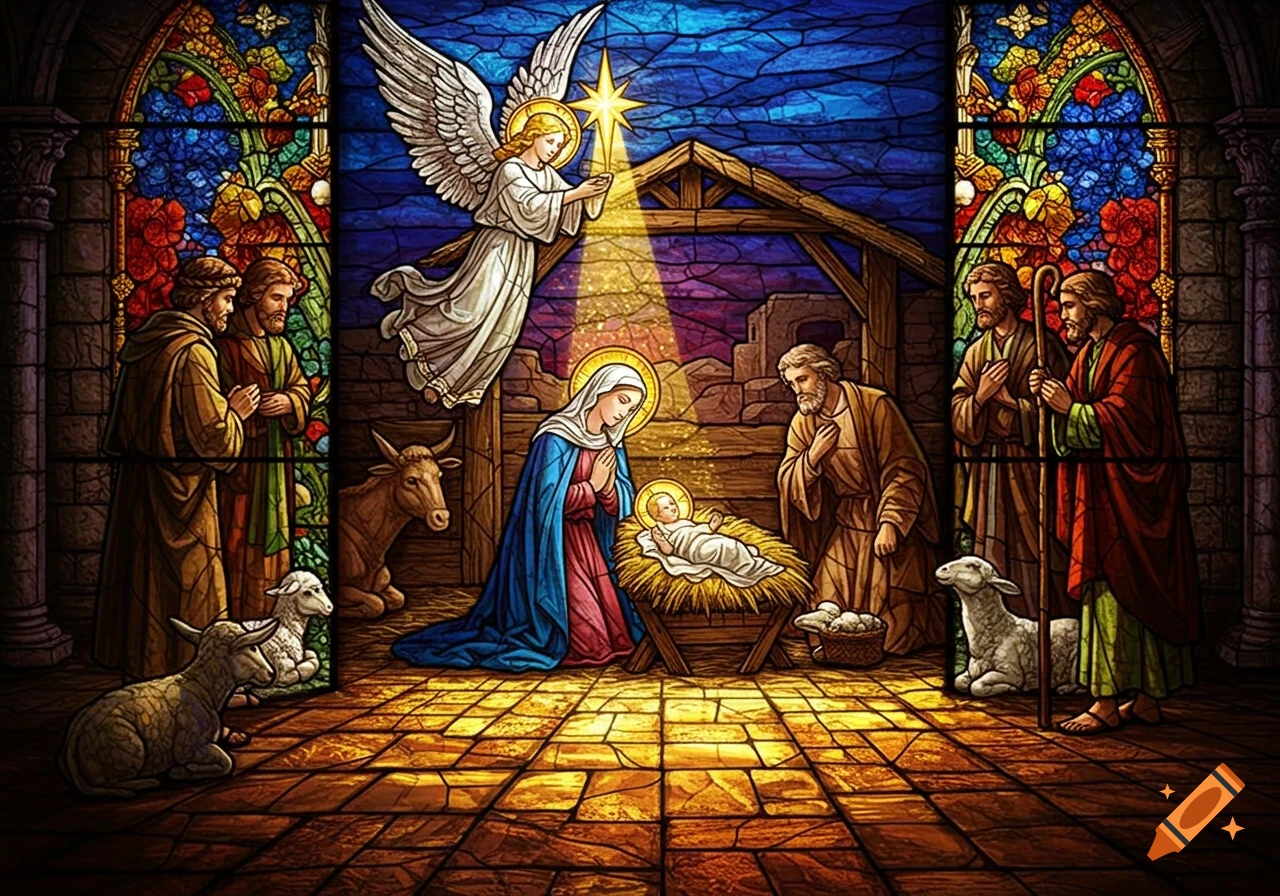 Stained glass Nativity scene with Mary, Joseph, baby Jesus in manger, an angel, shepherds, and animals.