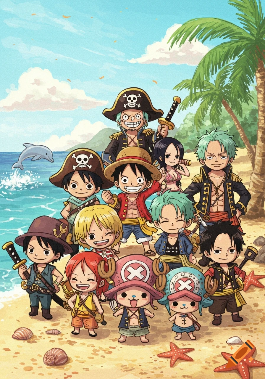 Chibi One Piece pirate characters gathered on a sunny beach with palm trees and a dolphin, in a cute cartoon painting style.