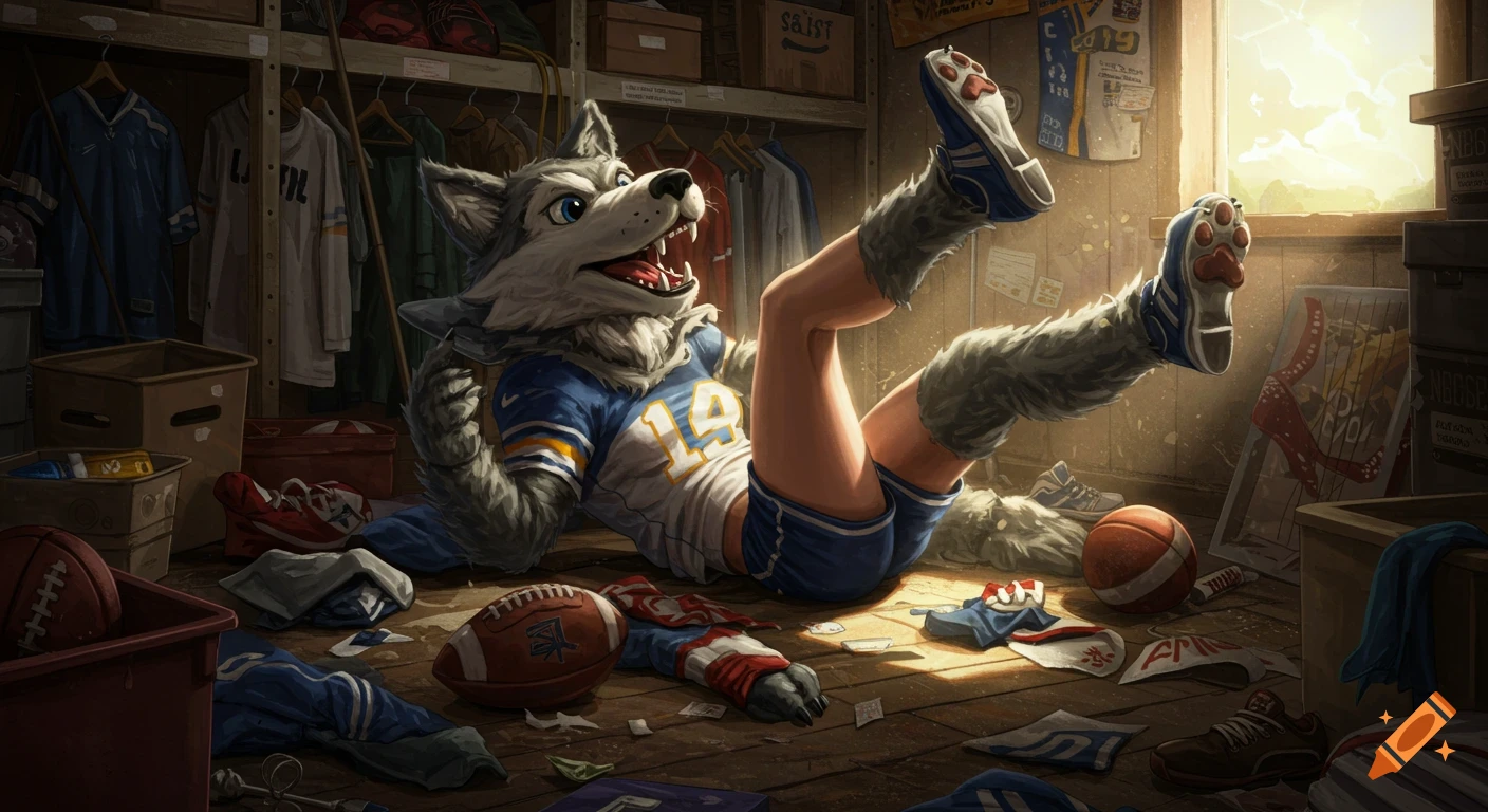 A wolf sports mascot in a blue and white jersey and shorts lies on its back in a messy storage room, surrounded by sports equipment and clothes, with its feet kicking in the air.