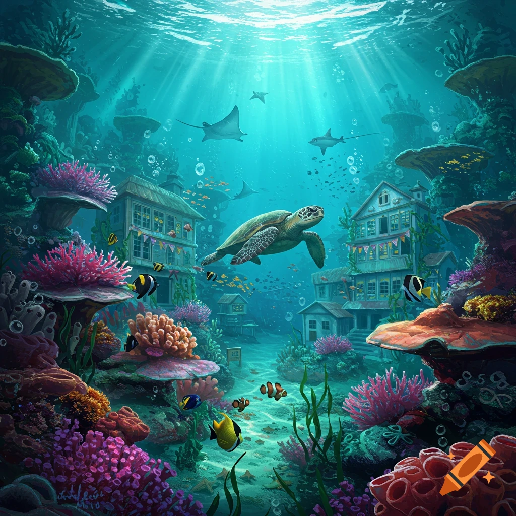 Vibrant underwater scene with a sea turtle swimming over a coral reef, fish, rays, and whimsical houses under sunlit water.