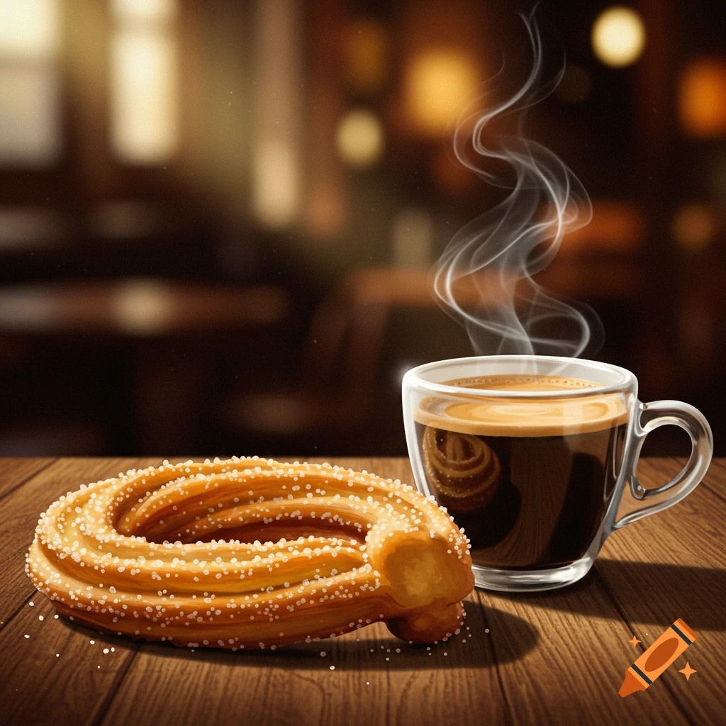 A ring-shaped churro covered in sugar sits next to a steaming clear glass mug of coffee on a wooden table. Blurred cafe background.