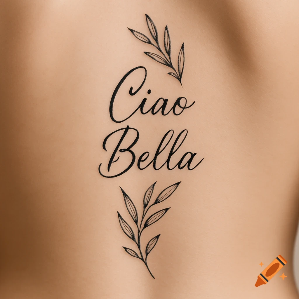 A black calligraphy tattoo on human skin reading 'Ciao Bella' with small leafy branches.