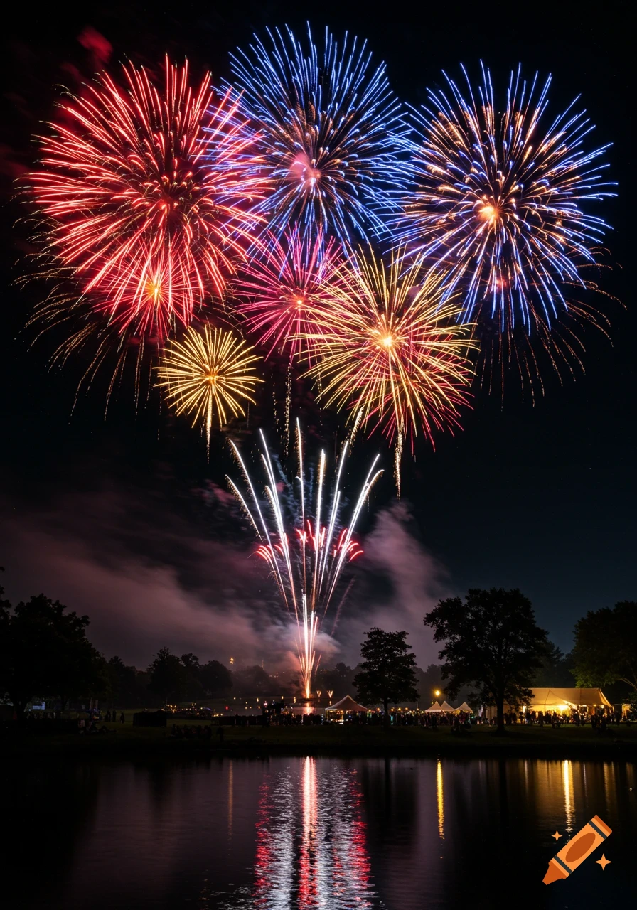 Colorful fireworks explode over a dark lake, reflecting vibrant red, blue, and gold lights. People gather on the far shore under smaller white fireworks.