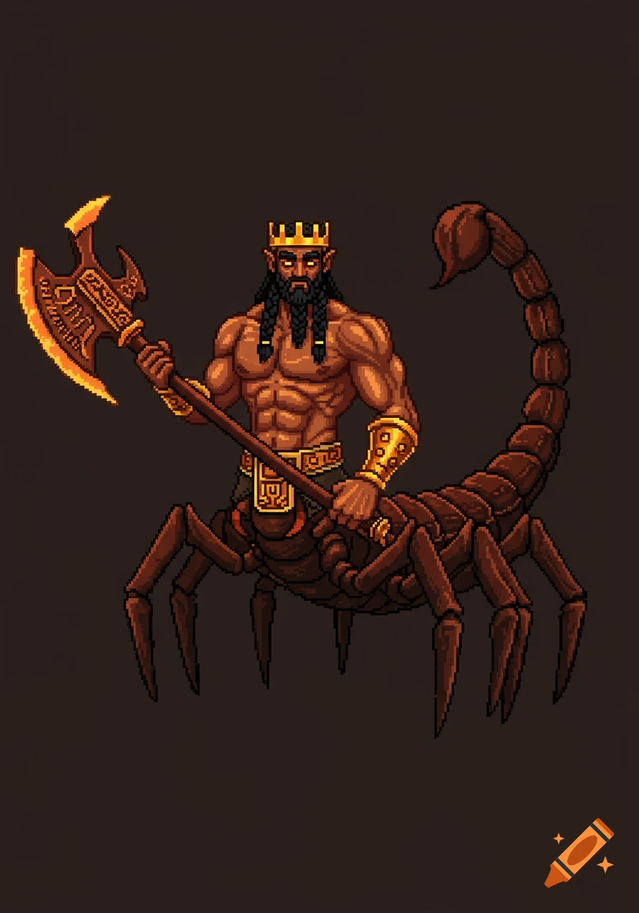 Pixel art of a bronze-skinned, muscular man-scorpion hybrid with a golden crown and braided beard, holding a glowing axe.
