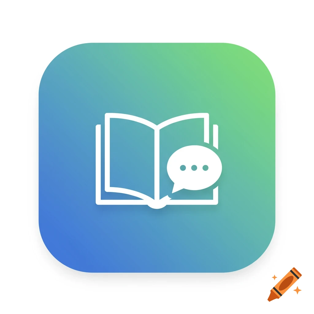 A minimalist app icon featuring an open book and a speech bubble with three dots, set against a gradient blue and green rounded square background.