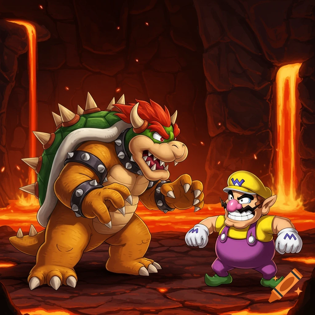 Cartoon illustration of Bowser and Wario facing each other in a fiery lava cave.