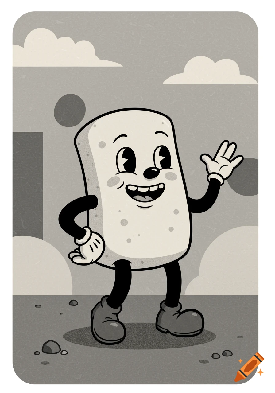 A happy marshmallow character in old 1920s cartoon style, with big eyes, waving hello.