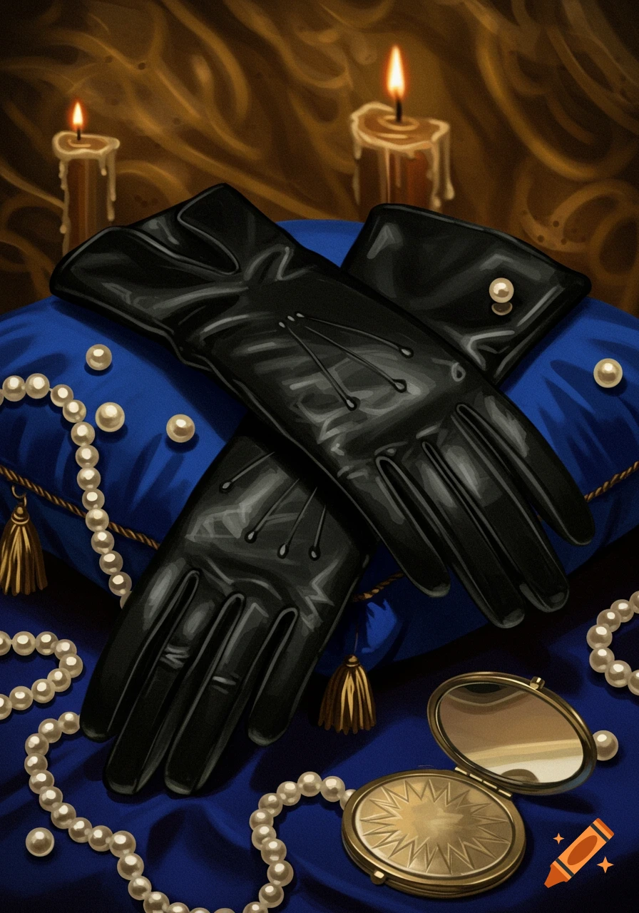 Black leather gloves rest on a blue satin pillow, surrounded by strings of pearls, lit candles, and an open gold locket.
