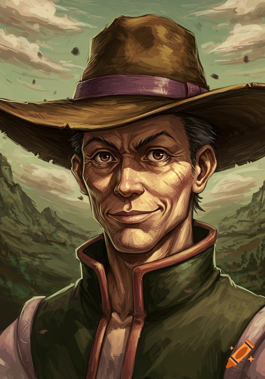 Digital art portrait of a rugged man with a wide-brimmed hat and a green vest, smiling against a mountainous backdrop.