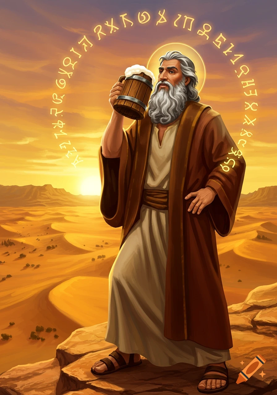 An old, bearded man resembling Moses, dressed in desert robes and sandals, holds up a frothy wooden mug of beer in a desert landscape under a sunset sky. Glowing symbols form a halo around his head.