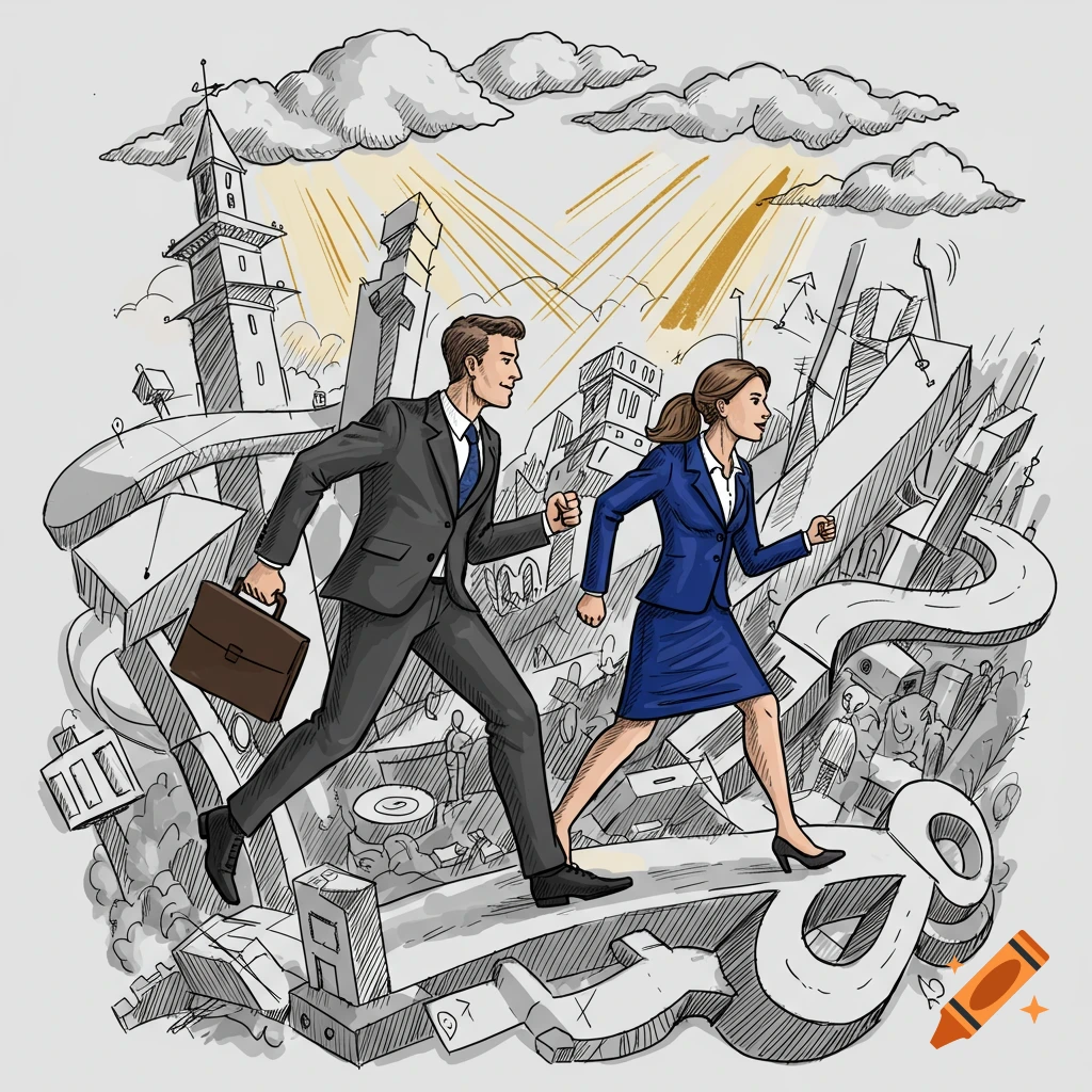 A man and woman in business suits run through a stylized, chaotic city towards a bright light. Drawing style.