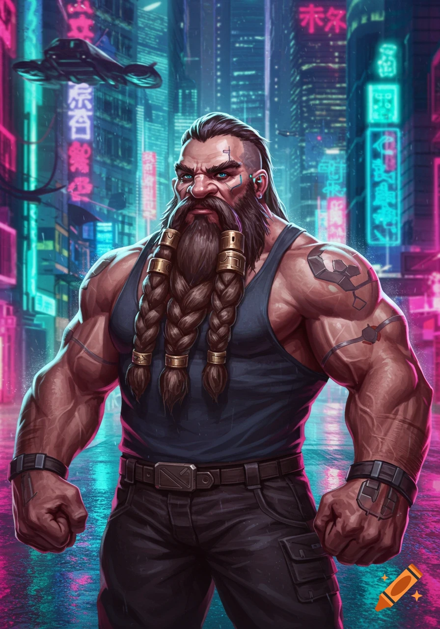 A muscular dwarf with a braided beard and tank top stands in a neon-lit cyberpunk city street.