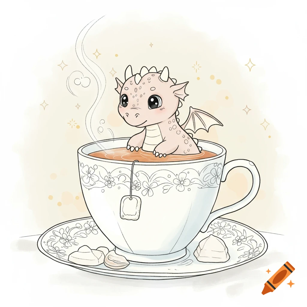 A cute baby dragon sits in a teacup with a teabag, surrounded by sugar cubes, in a color book illustration style.