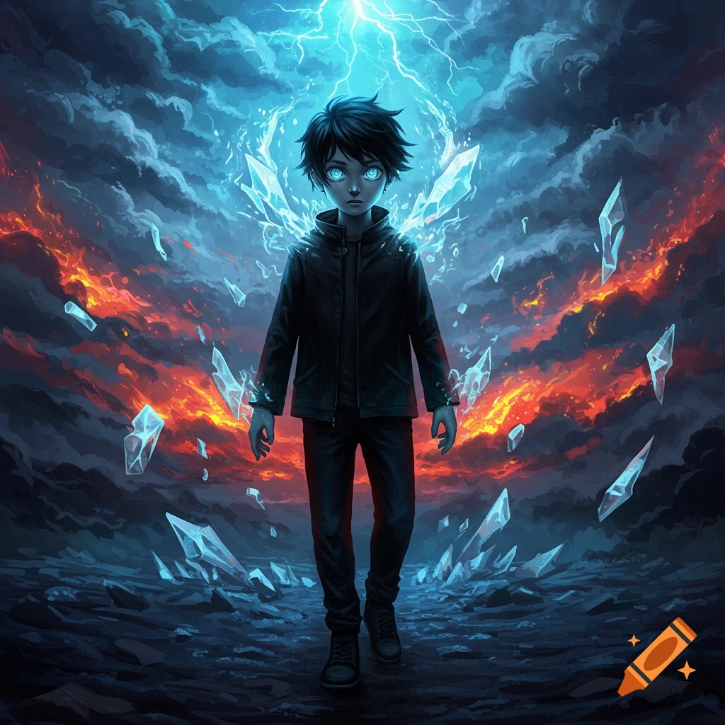 Anime-style boy with glowing blue eyes walking through a dramatic landscape of ice shards, fire, and lightning.