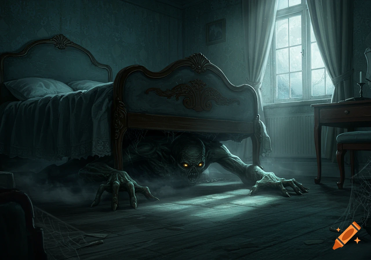A terrifying monster with glowing yellow eyes crawls from under an ornate bed in a dark, dusty bedroom, horror art.