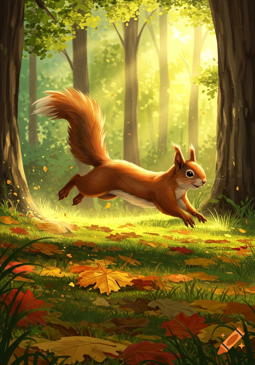 A fluffy brown squirrel leaps over fallen autumn leaves in a bright, sun-dappled forest, digital illustration.