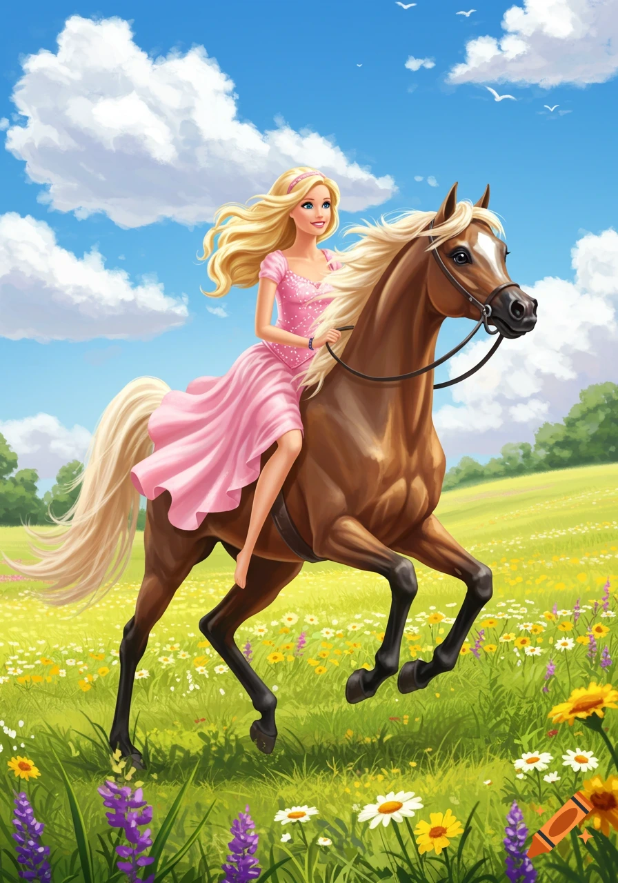 Barbie in a pink dress rides a brown horse through a sunny, flower-filled green meadow.