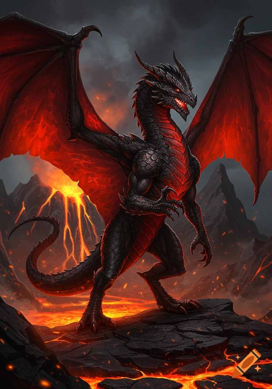 A black and red winged dragon with glowing red accents stands on volcanic rocks amidst flowing lava and smoke, rendered in a digital art style.