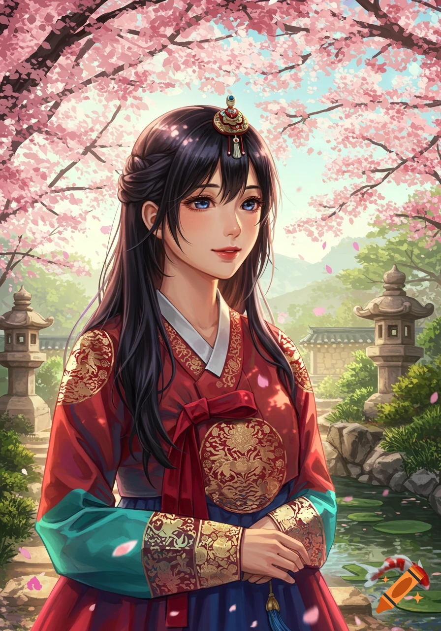 Anime portrait of a young Korean woman in a vibrant red Hanbok, under blooming cherry blossoms in a traditional garden.