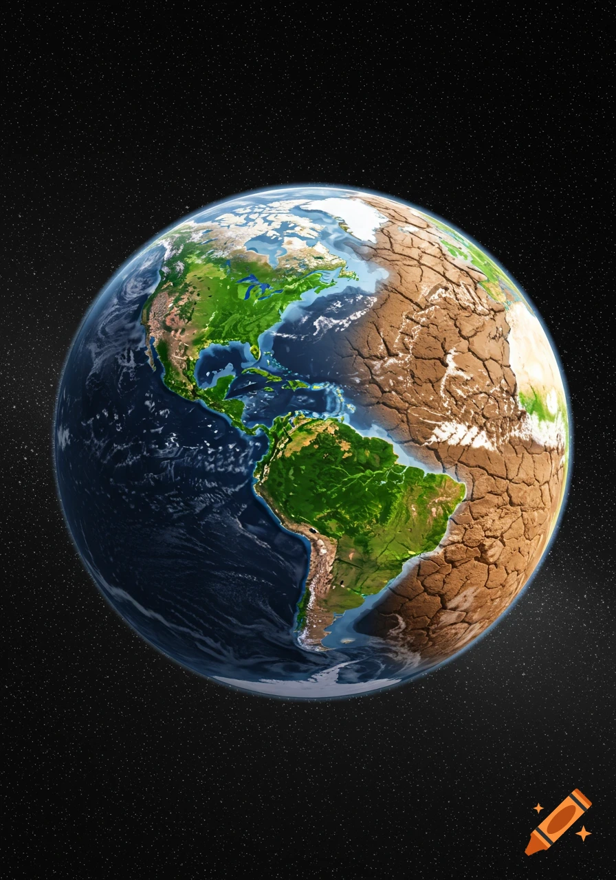 The Earth from space, half lush green and blue, and half cracked and dry brown.