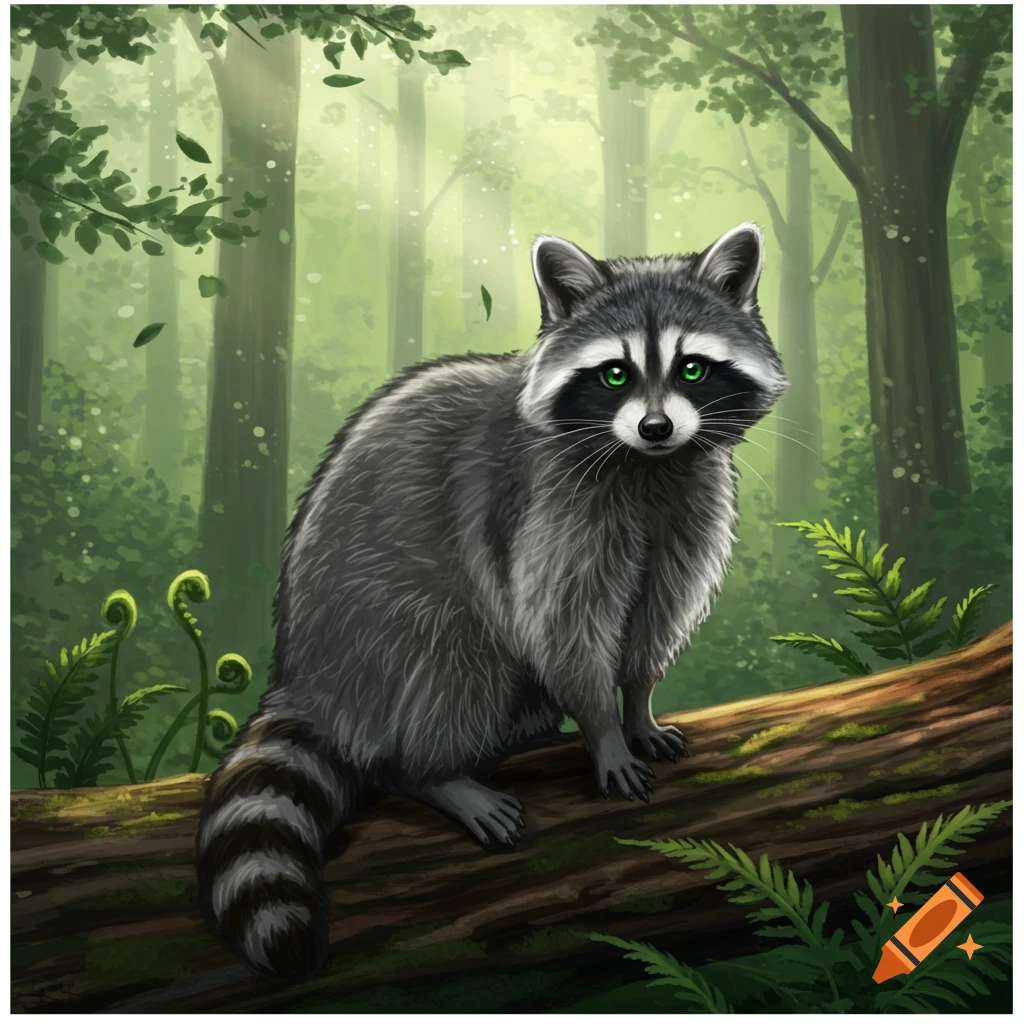 A detailed illustration of a raccoon with bright green eyes sitting on a mossy log in a sunlit forest.