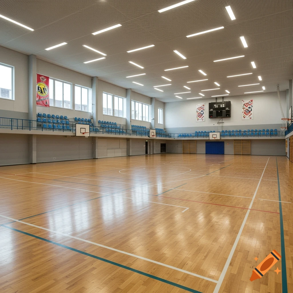 A photorealistic image of a spacious, empty sports hall with a polished wooden floor, bleachers, basketball hoops, and a scoreboard.
