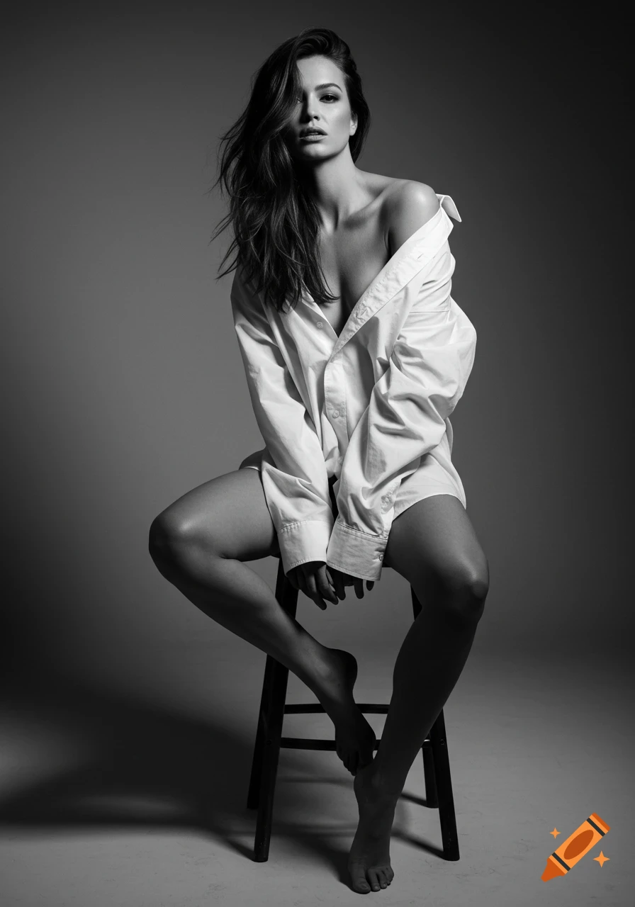 Black and white studio portrait of a woman in an unbuttoned white shirt, sitting barefoot on a stool.