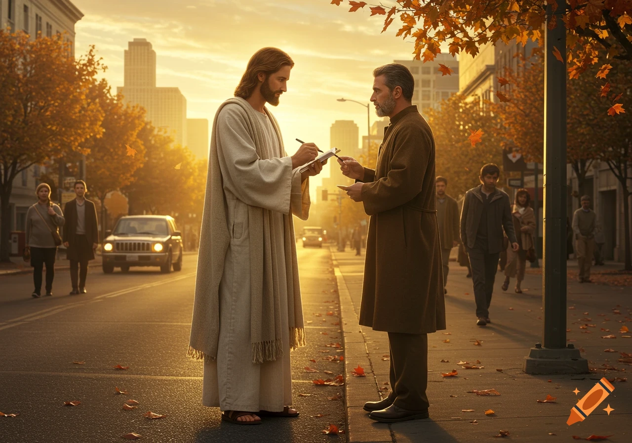 Jesus writes on a document for a man on a sunlit autumn city street, with pedestrians and buildings.