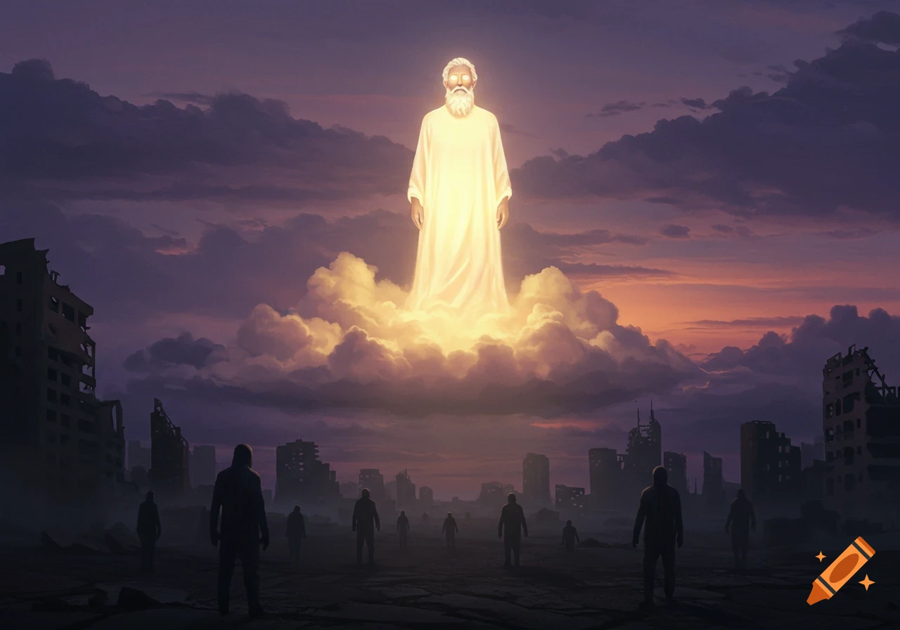 A radiant, bearded man in a glowing robe stands on a cloud above a ruined city with shadowy figures, in a dramatic fantasy style.
