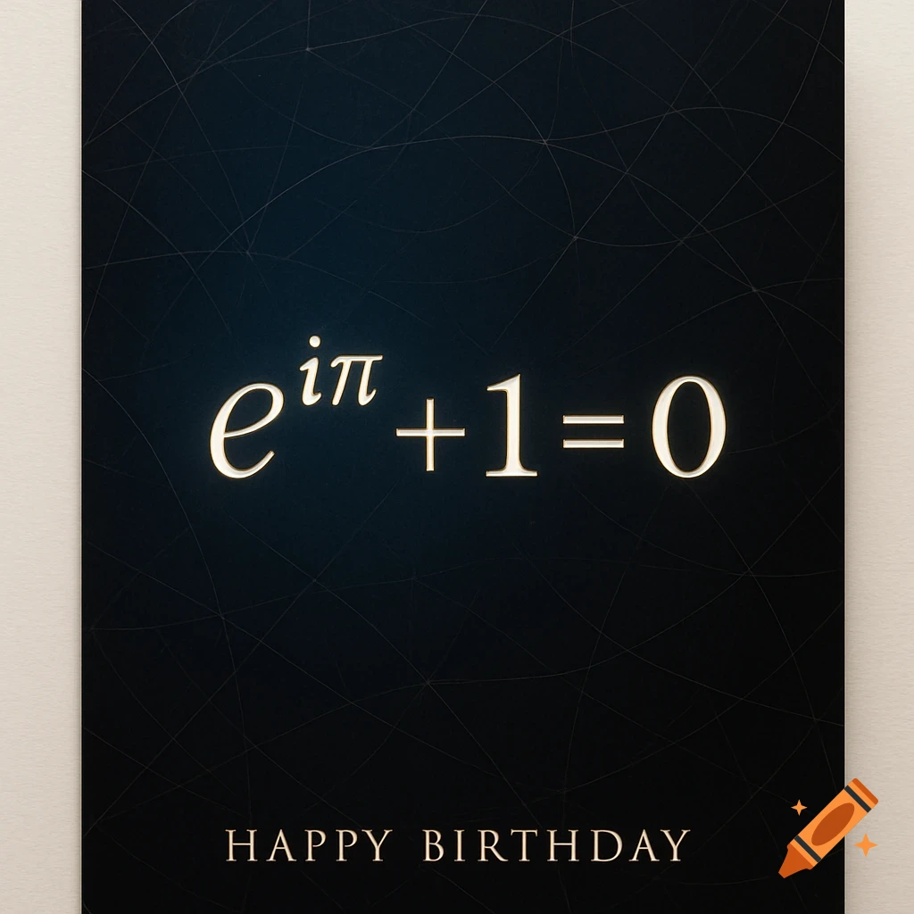 A dark blue minimalist birthday card features Euler's identity e^i t + 1 = 0 in glowing gold, with "HAPPY BIRTHDAY" below.