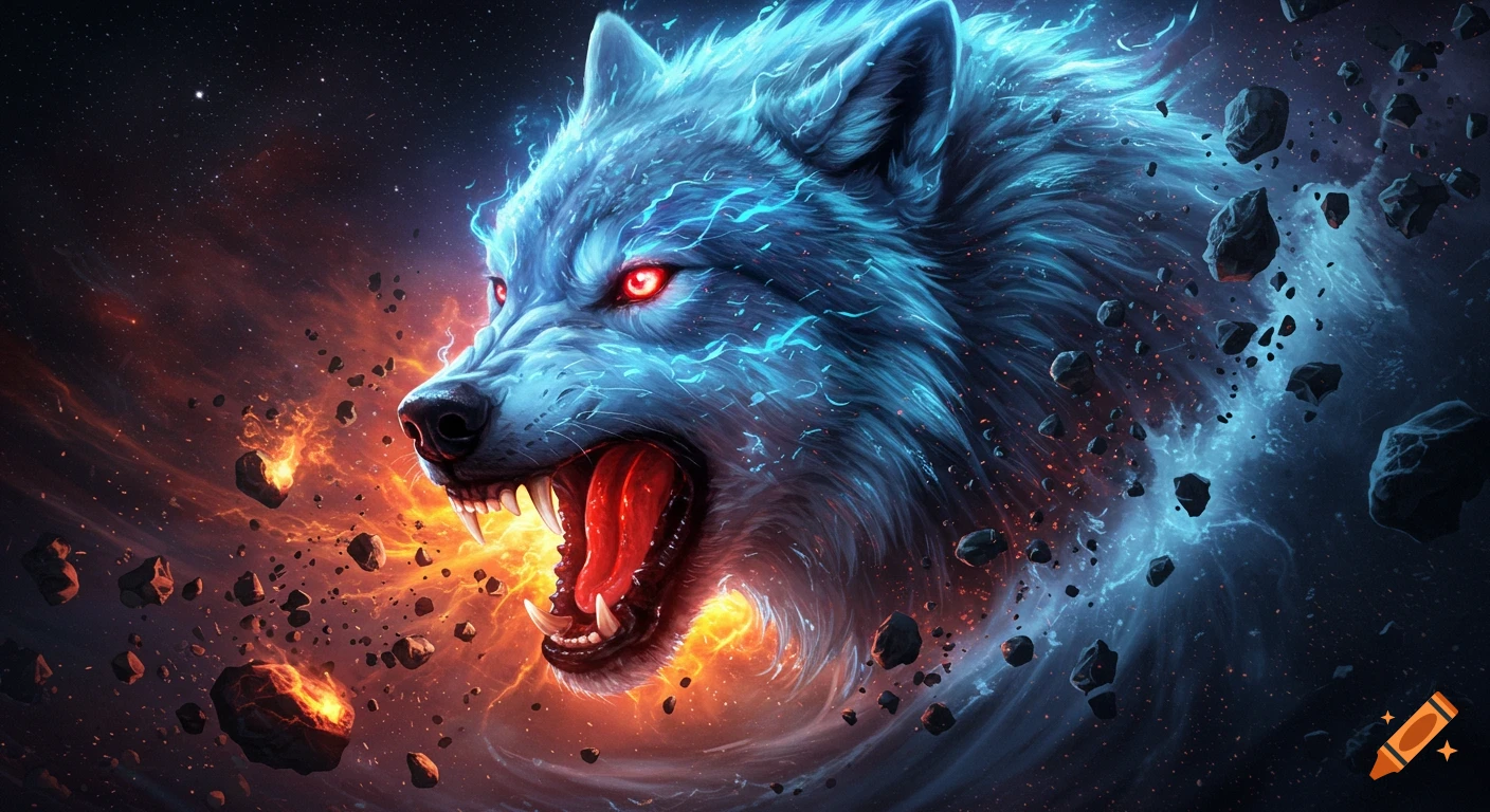 A colossal blue flaming wolf with red eyes and bared fangs emerges from a cosmic storm of fire, ice, and swirling meteors.