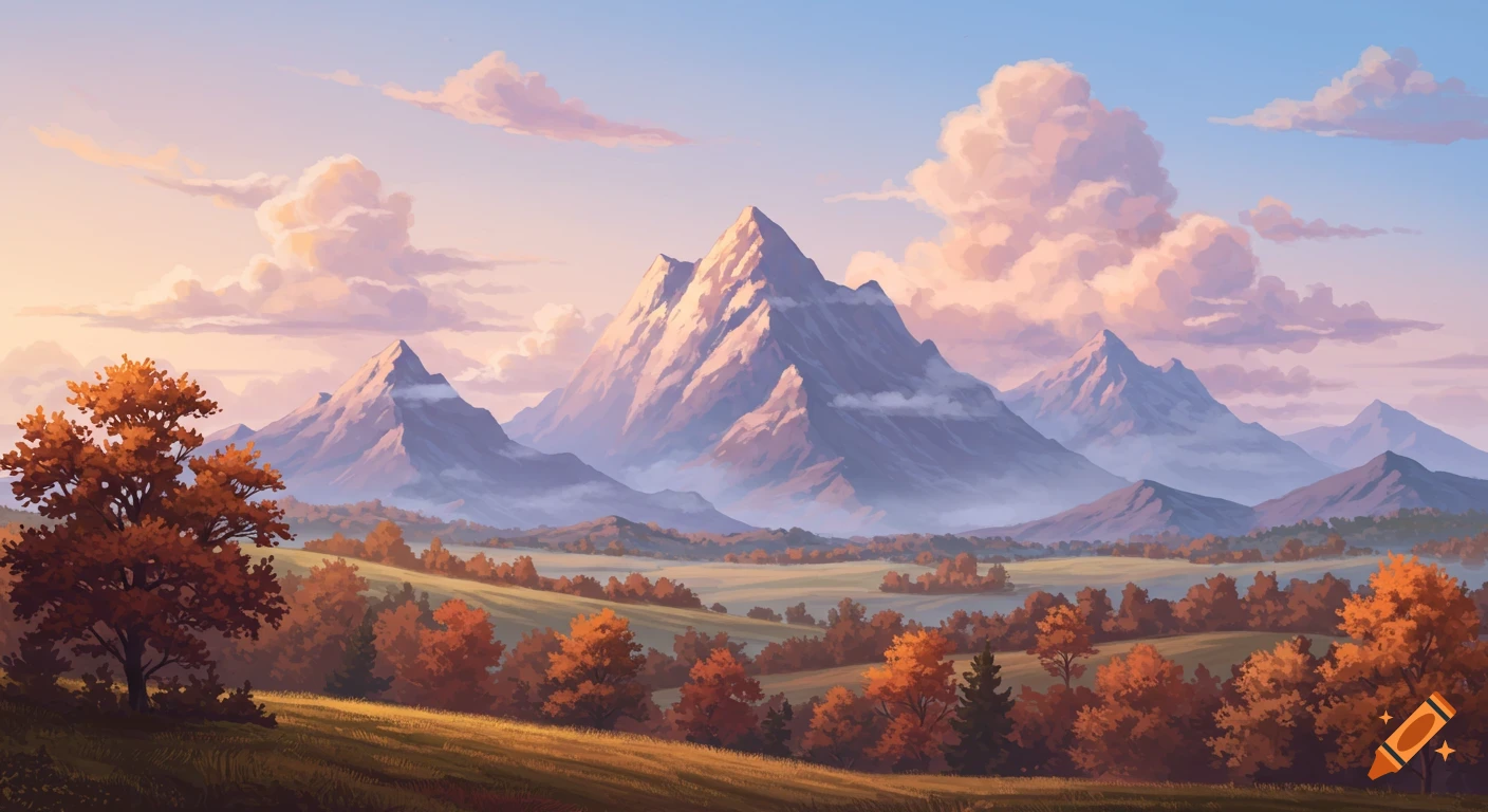 An illustrated mountain landscape with autumn trees, rolling hills, and a soft pastel sky with fluffy clouds.