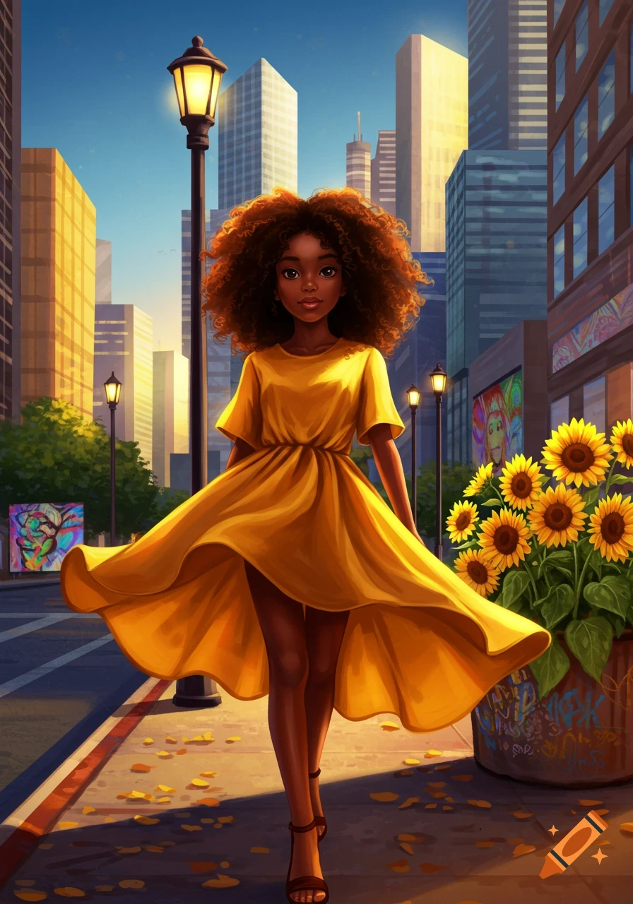 A vibrant illustration of a young Black girl with curly hair in a flowing yellow dress walking on a city street lined with sunflowers and tall buildings.