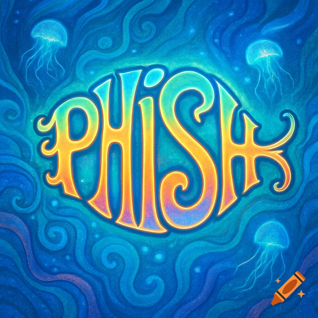 Stylized Phish band logo with a vibrant gradient underwater theme, surrounded by jellyfish and flowing blue-green water.