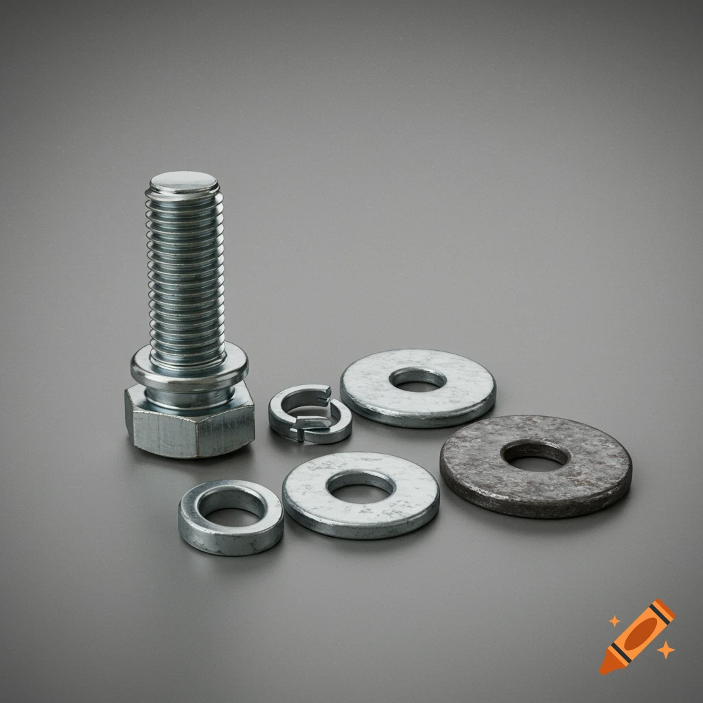Photorealistic studio shot of a shiny metal bolt, a split lock washer, and multiple flat washers on a gray background.