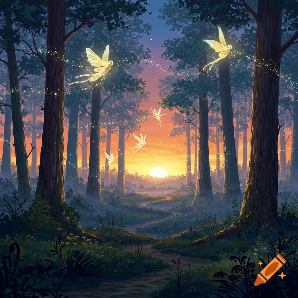 Illustrated fantasy art of a magical forest at sunset with glowing fairies flying over a winding path.