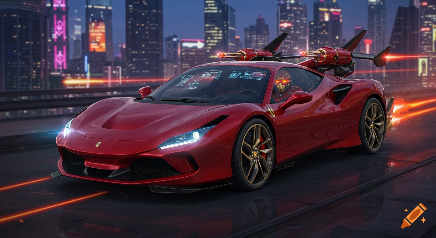 A futuristic red Ferrari F8 Tributo-style car with weaponized wings and a driver in a glowing helmet speeds down a road in a neon-lit cyberpunk city.