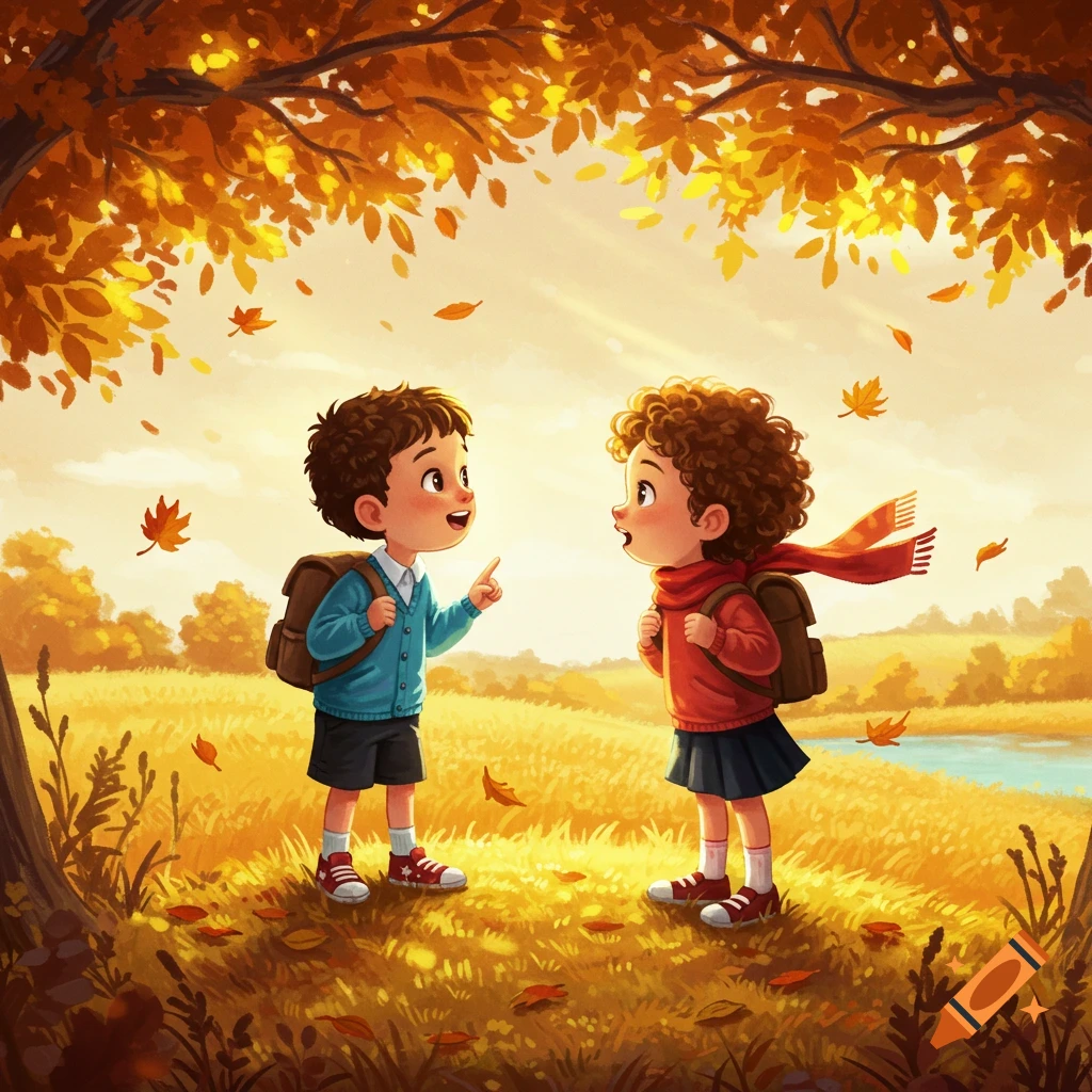Two cartoon children with backpacks talk under a golden autumn tree, surrounded by falling leaves and a distant river.