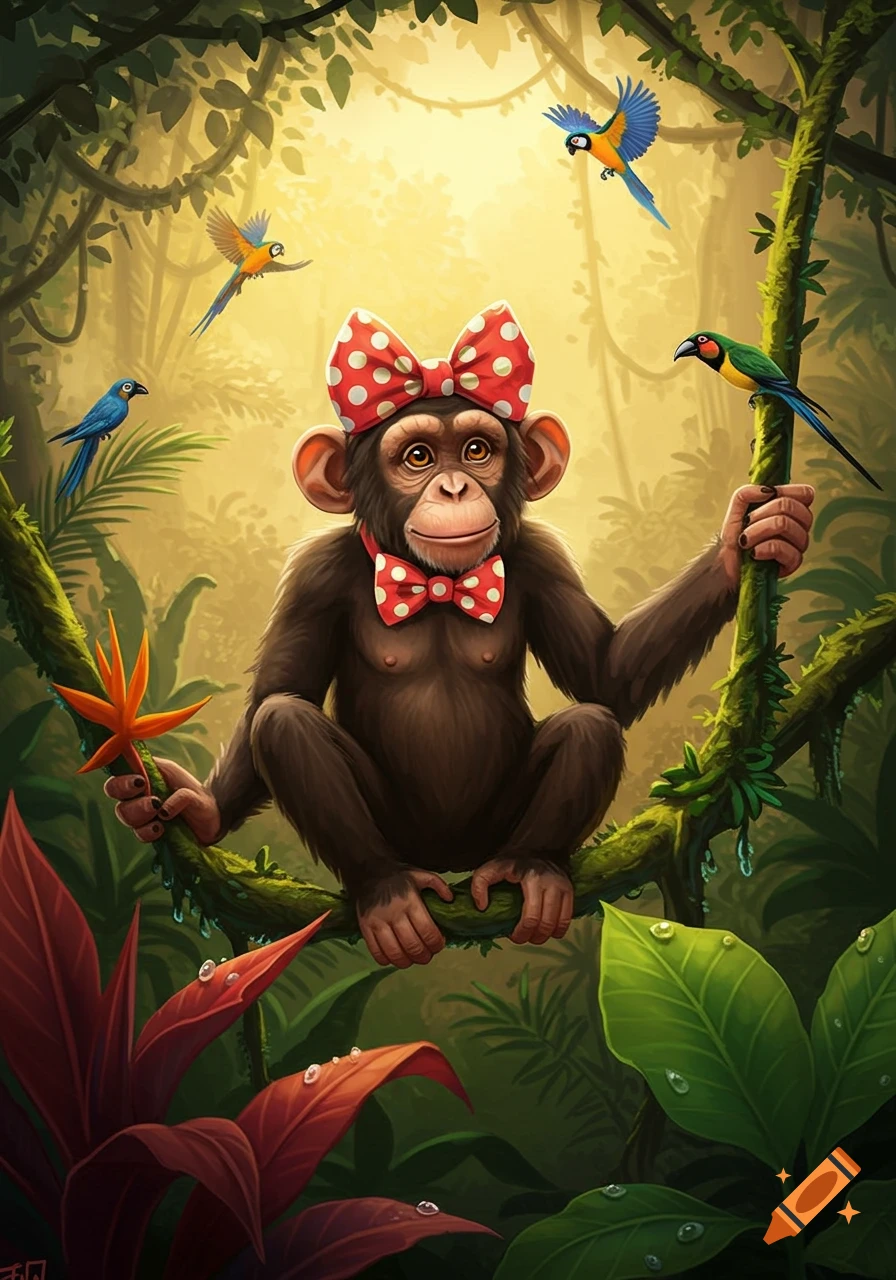 A cartoon chimpanzee wearing a red polka-dot bow and bowtie sits on a mossy jungle branch, holding a red-orange leaf. Colorful birds fly around.