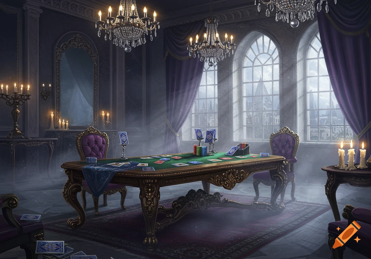 An ornate, dimly lit gothic room with chandeliers, large arched windows, and a green-felt card table set with cards and poker chips.
